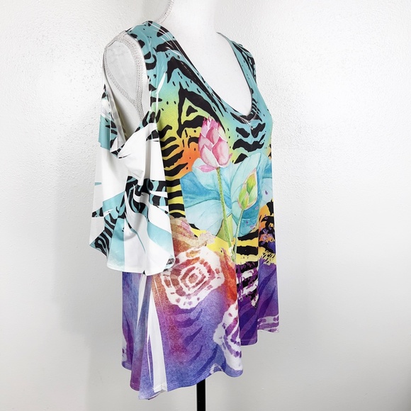 Fantazia Blouse Women Large Multicolor Floral All Over Print Cold Shoulder S/S - Picture 3 of 12